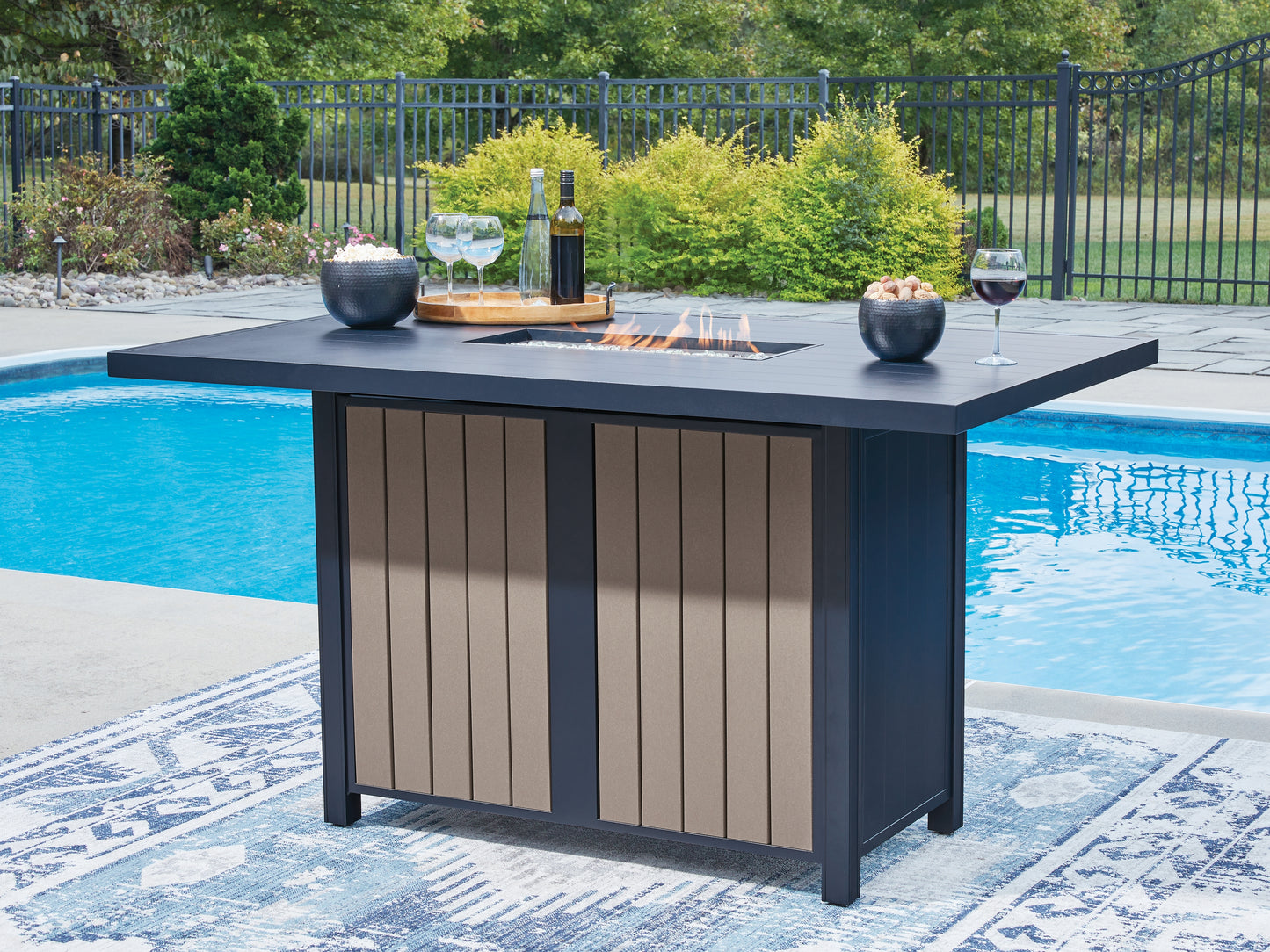 Cape Furniture Outlet - Ashley Furniture - East Beach Outdoor - RECT Bar Table w/Fire Pit / Navy Blue/Driftwood - PCP587-665