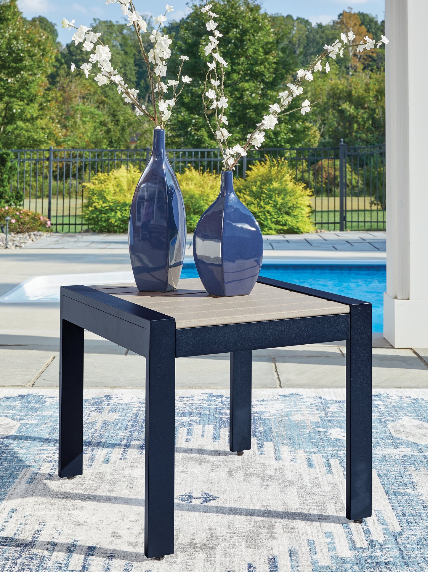 Cape Furniture Outlet - Ashley Furniture - East Beach Outdoor - Rectangular End Table / Navy Blue/Driftwood - PCP587-703