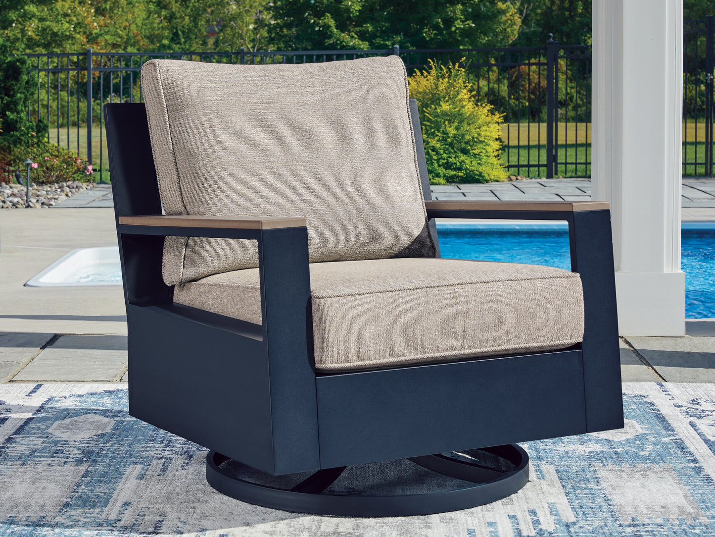 Cape Furniture Outlet - Ashley Furniture - East Beach Outdoor - Swivel Glider Chair w/Cushion / Navy Blue/Driftwood - PCP587-821