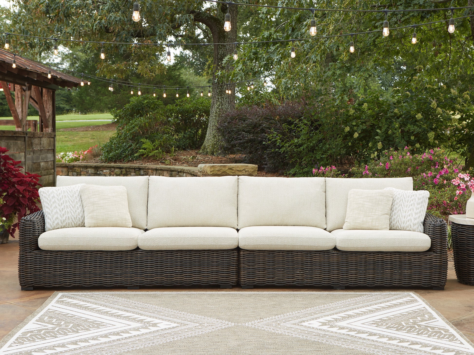 Cape Furniture Outlet - Ashley Furniture - Kimora Outdoor - RAF/LAF Loveseat w/CUSH (Set of 2) / Beige/Dark Brown - P711-854