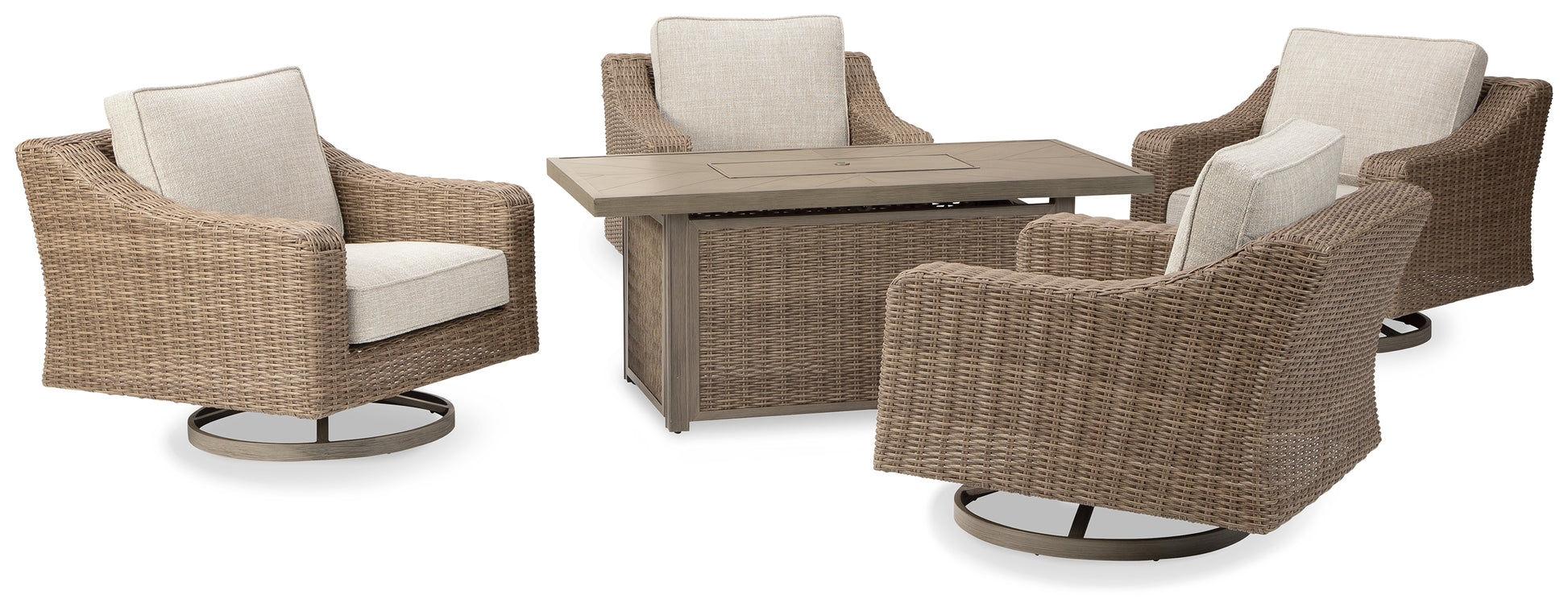 Cape Furniture Outlet - Ashley Furniture - Beachcroft Outdoor - 5-Piece Outdoor Fire Pit Table with 4 Chairs / Beige - P791P17