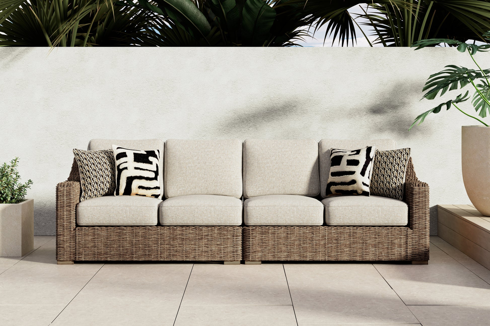 Cape Furniture Outlet - Ashley Furniture - Beachcroft Outdoor - RAF/LAF Loveseat w/CUSH (Set of 2) / Beige - P791-854