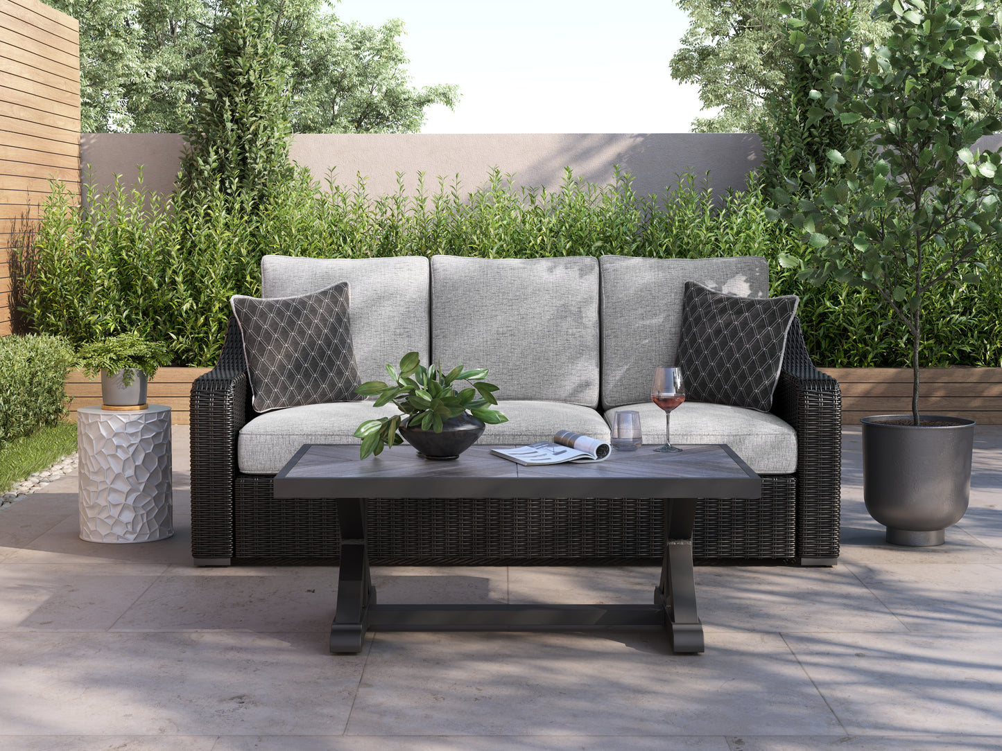 Cape Furniture Outlet - Ashley Furniture - Beachcroft Outdoor - Sofa with Cushion / Black/Light Gray - P792-838