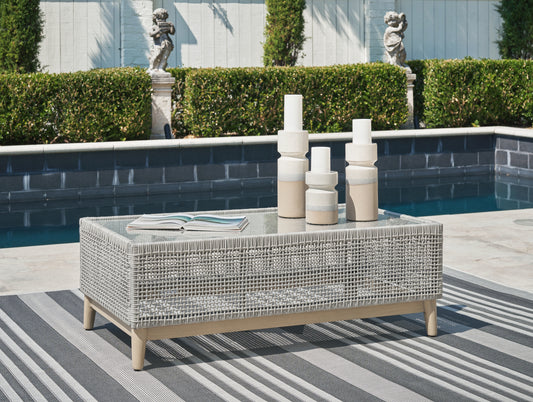 Cape Furniture Outlet - Ashley Furniture - Seton Creek Outdoor - Round Bar Table w/UMB OPT / Beige - P798-613
