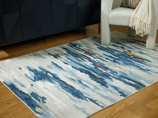 Cape Furniture Outlet - Ashley Furniture - Vinlett Rug - 5' x 7' Washable Rug / Cream/Blue/Brown - R407042