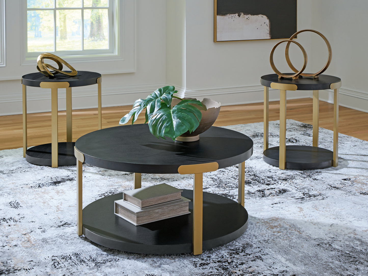 Cape Furniture Outlet - Ashley Furniture - Shylore Table (Set of 3) - Occasional Table Set (3/CN) / Black/Brass Finish - T410-13