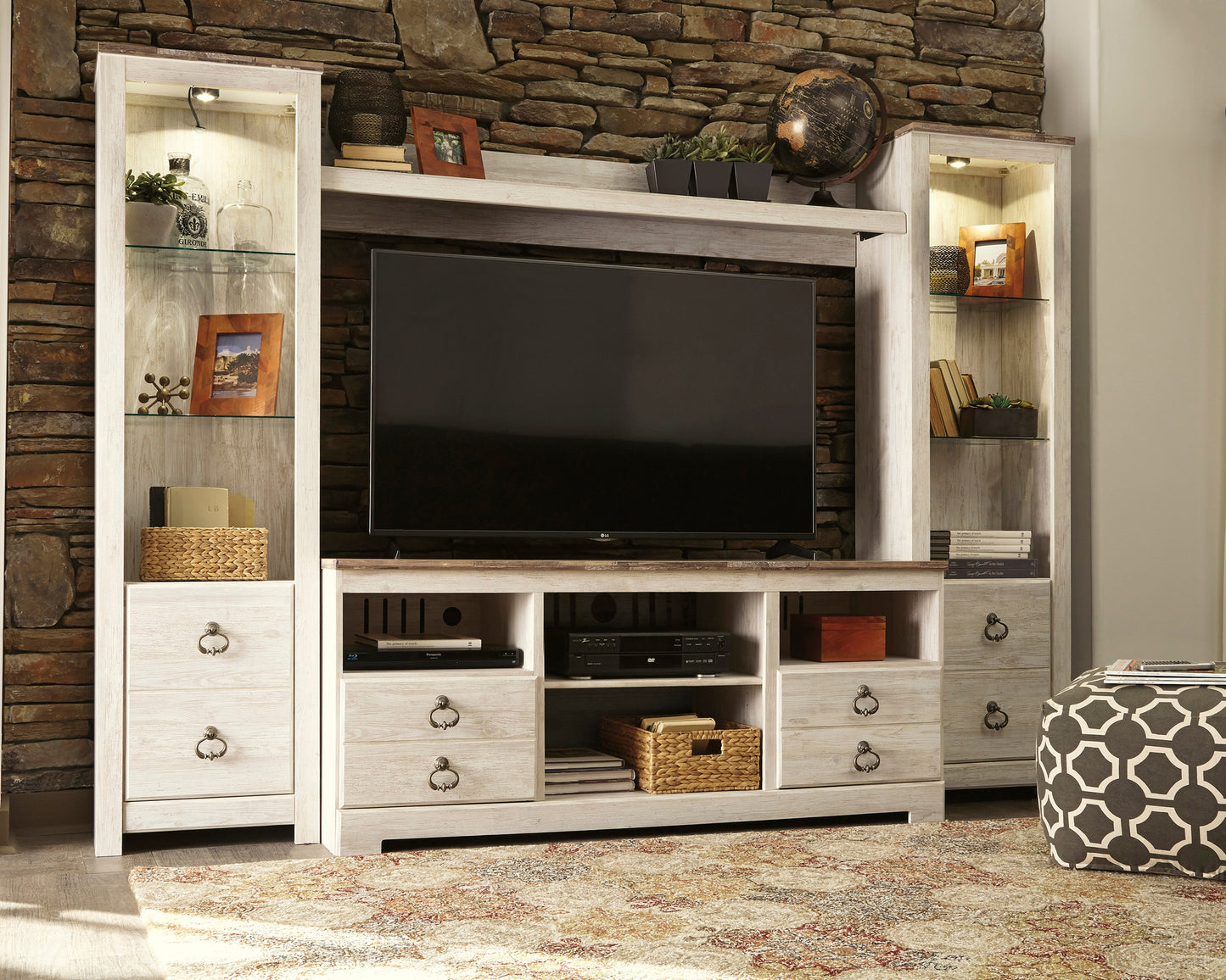 Cape Furniture Outlet - Ashley Furniture - Willowton Entertainment Center - 4-Piece Entertainment Center / Whitewash - W267W3