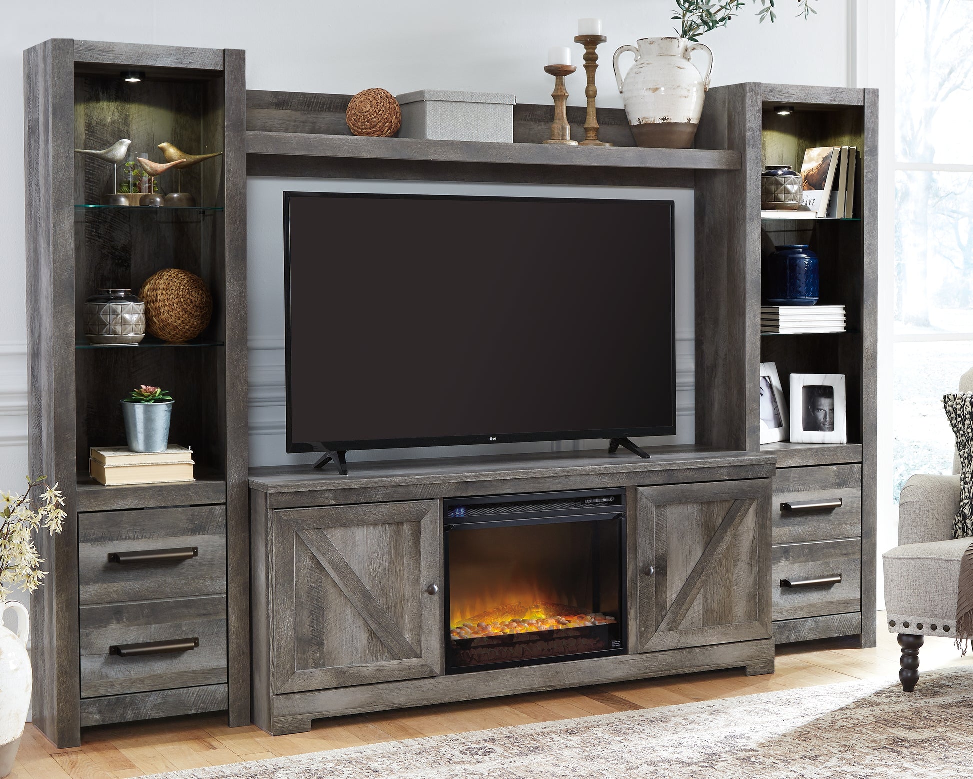 Cape Furniture Outlet - Ashley Furniture - Wynnlow 4-Piece Entertainment Center with Electric Fireplace - 4-Piece Entertainment Center with Electric Fireplace / Gray - W440W5