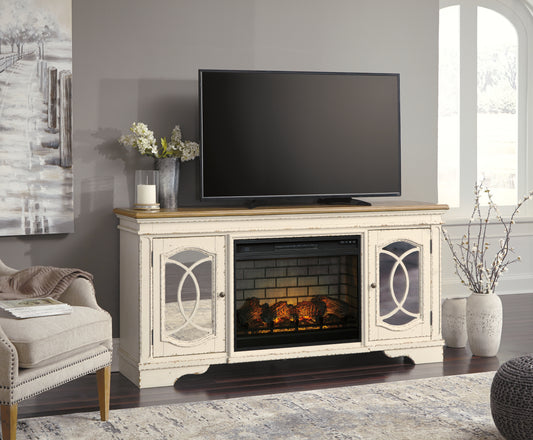 Cape Furniture Outlet - Ashley Furniture - Realyn 74" TV Stand with Electric Fireplace - 74" TV Stand with Electric Fireplace / Chipped White - W743W2