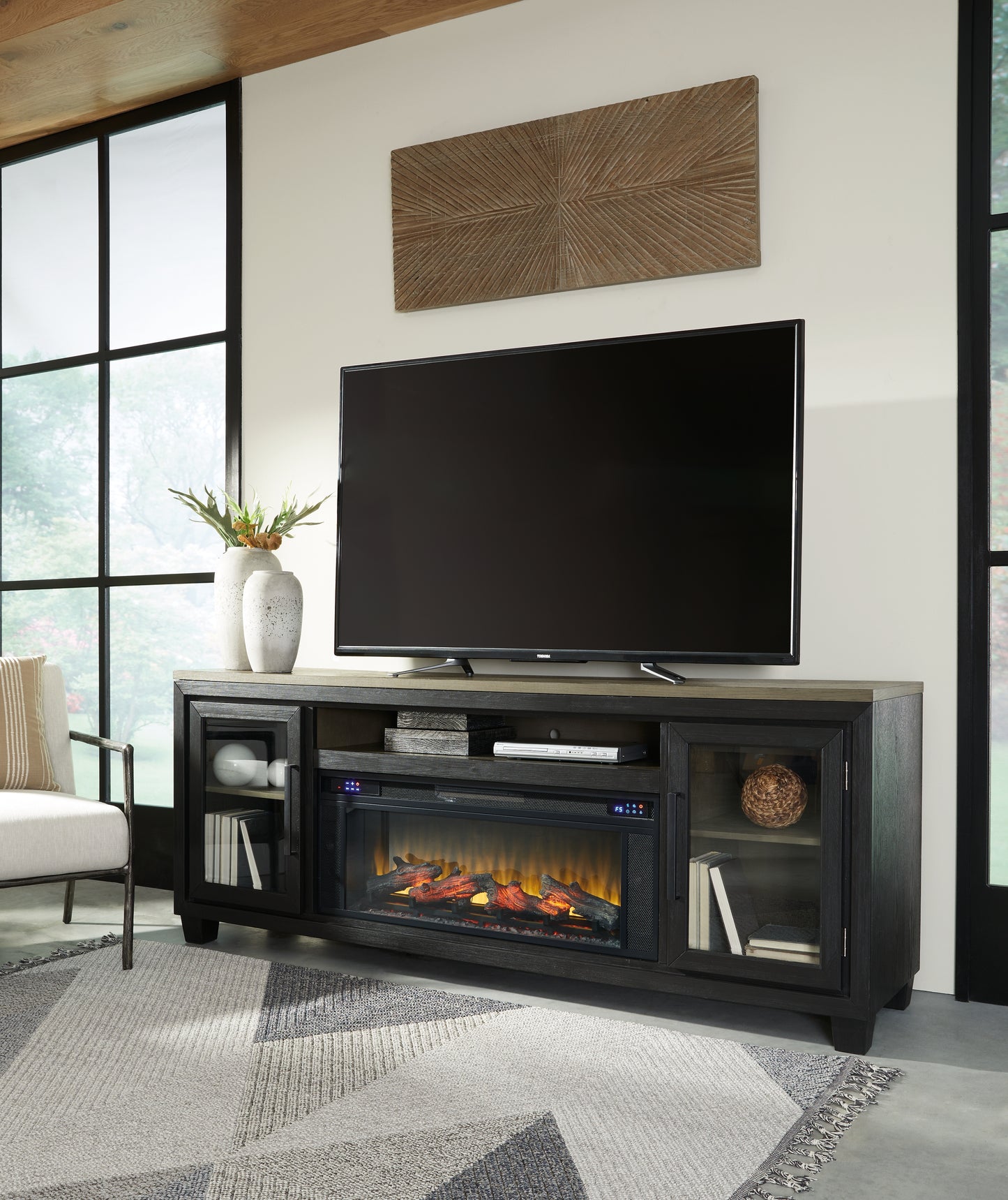 Cape Furniture Outlet - Ashley Furniture - Foyland 83" TV Stand with Electric Fireplace - 83" TV Stand with Electric Fireplace / Black/Brown - W989W1