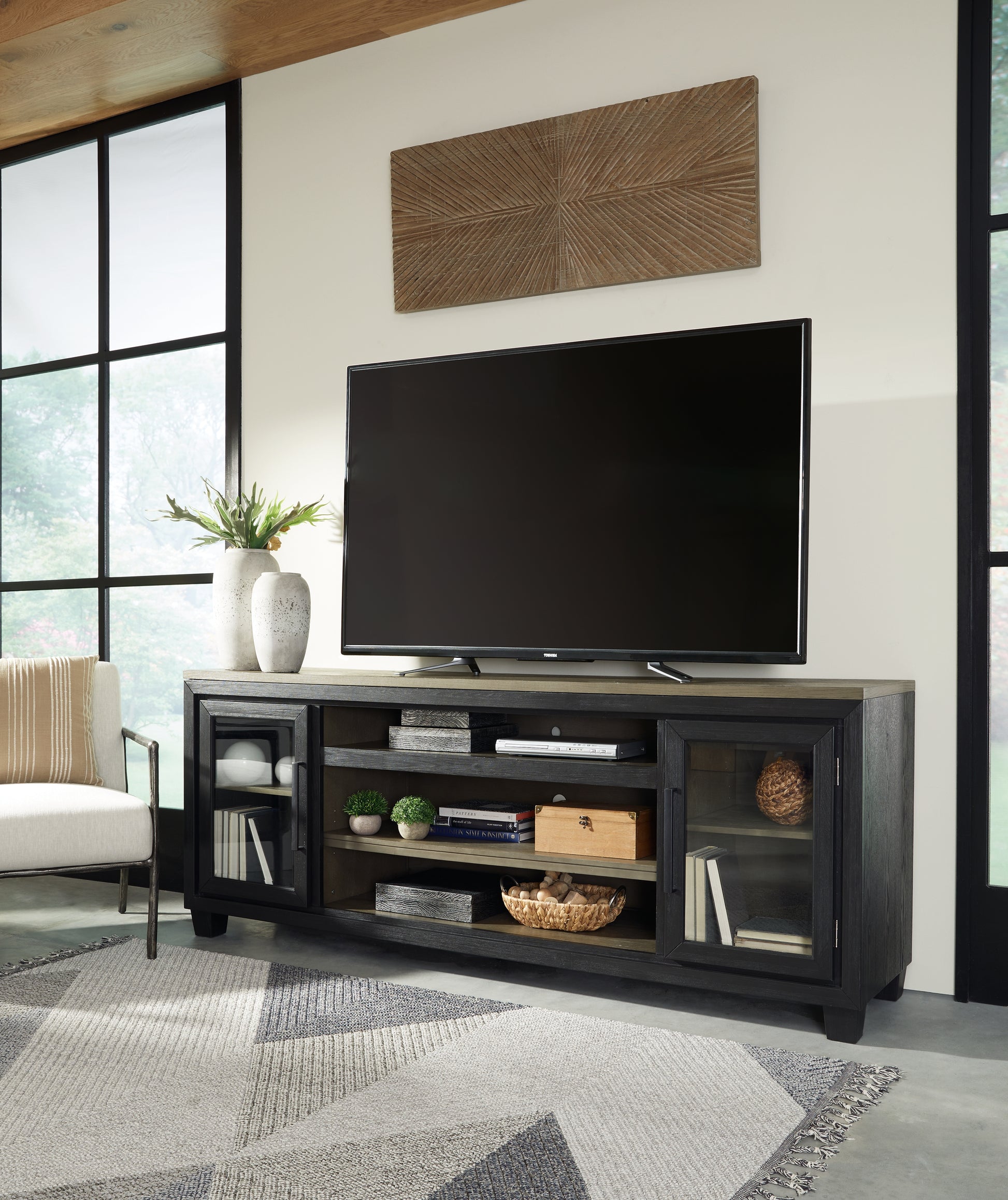 Cape Furniture Outlet - Ashley Furniture - Foyland 83" TV Stand - 83" / Black/Brown - W989-68